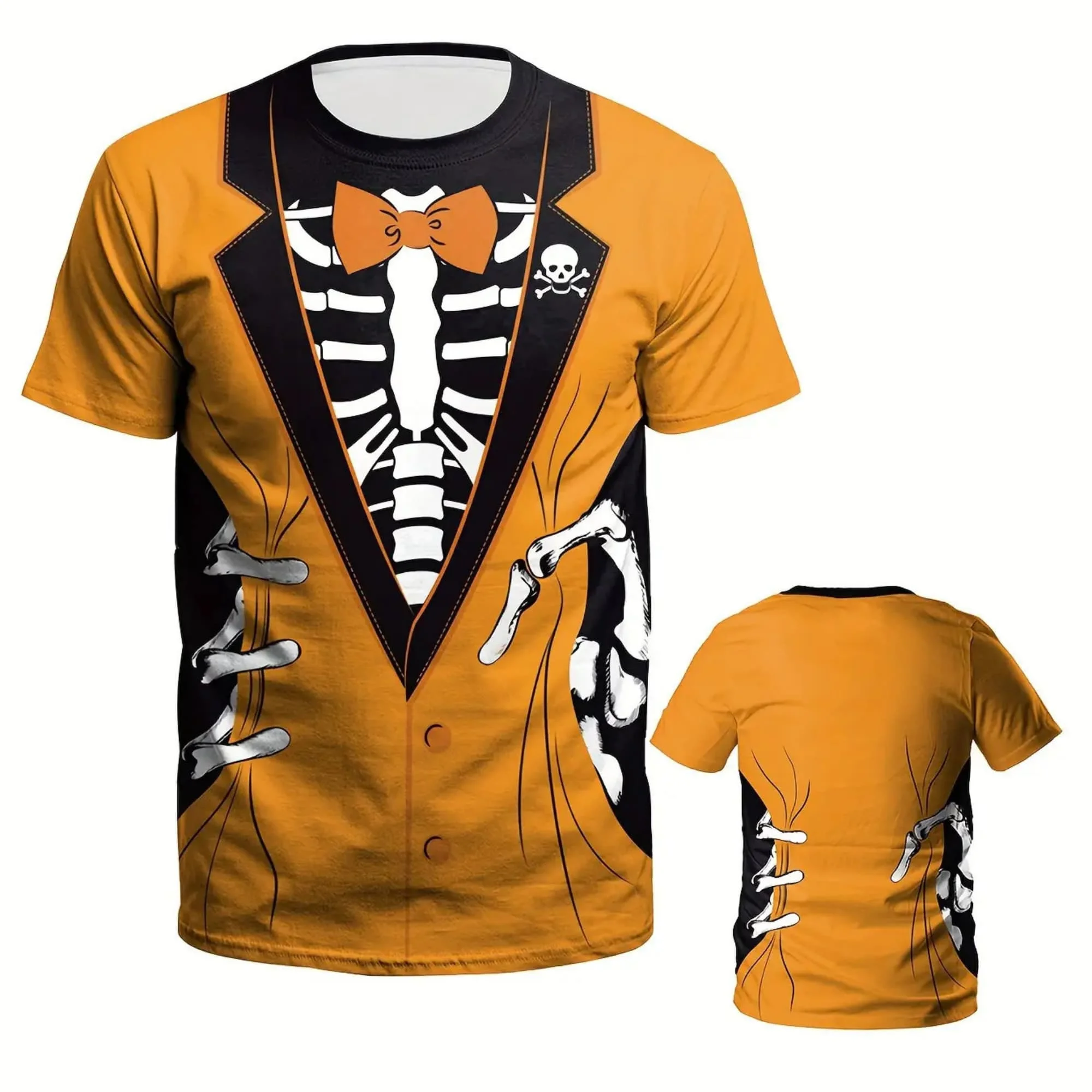 Funny Holiday Men Short Sleeve Crew Neck Shirt 3D Visual Skeleton Formal Suit Bow‑Tie Print Halloween Dress‑Up Male Shirts