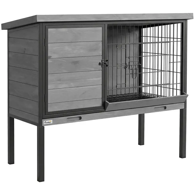 

Elevated Rabbit Hutch Outdoor, Wooden Rabbit Cage Bunny House with Pull-out Tray and Openable Plastic Roof