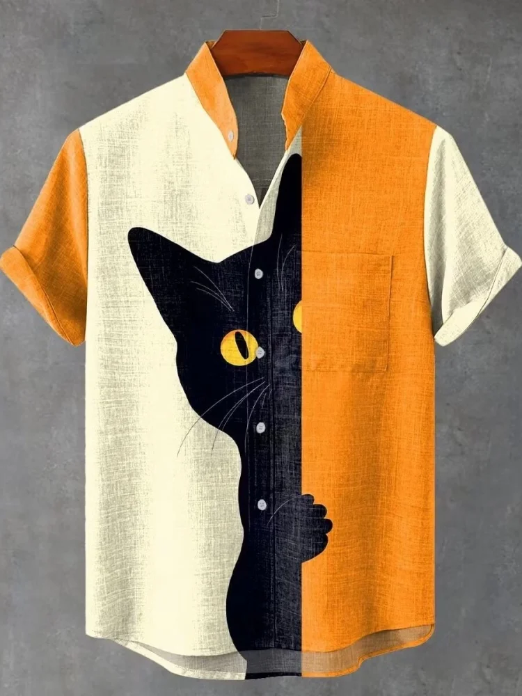 Men's shirt summer short sleeved lapel shirt contrasting color splicing creative peek at black cat print loose casual shirt