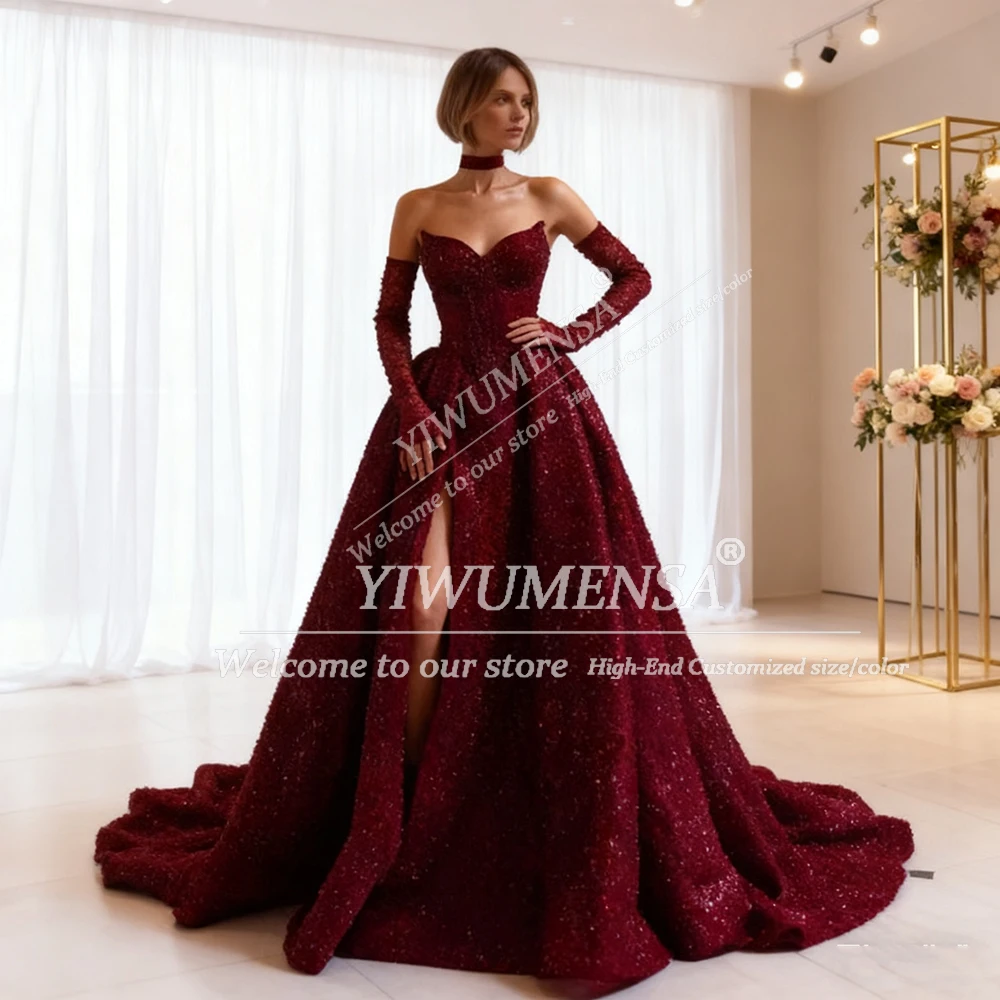 فساتين سهرة بدون حمالات ترتر سباركلي للعروس بدون أكمام بفتحة جانبية على شكل حرف A فساتين حفلات مخصصة للنساء ملابس رسمية للحفلات