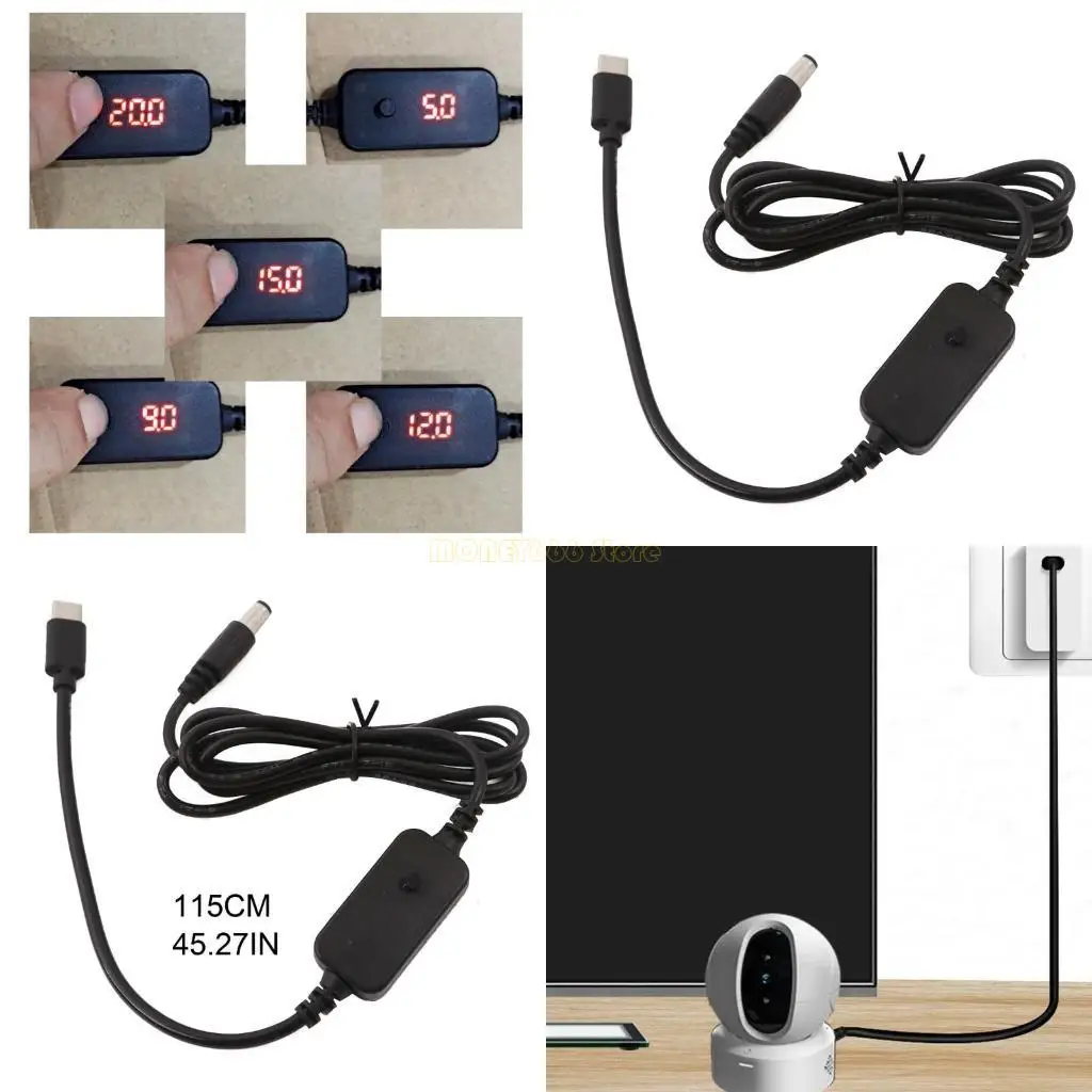 F62C USB C ~ 5.5x2.1mm 3.5x1.35mm 5V 9V 12V 15V 20V 카메라 시스템 라우터 용 출력 디스플레이가 포함 된 조정 가능한 전원 케이블