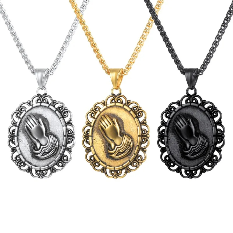 

Praying Hands Pendants Necklaces Brother Gift Stainless Steel High Quality Hip Hop Jewelry Punk Chain Religious Jewelry Gift