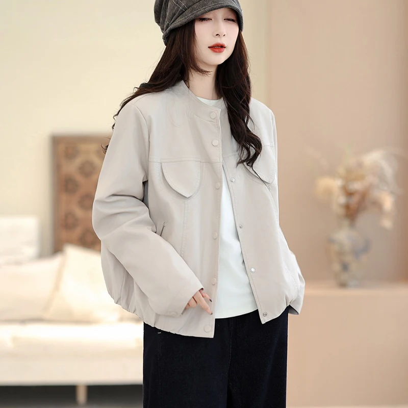 Jaquetas de Moda Primavera 2026 Masss Wasss para Mulheres, Casacos de Couro Sintético Vintage, Estilo Clássico Casual, Soltos e Sólidos