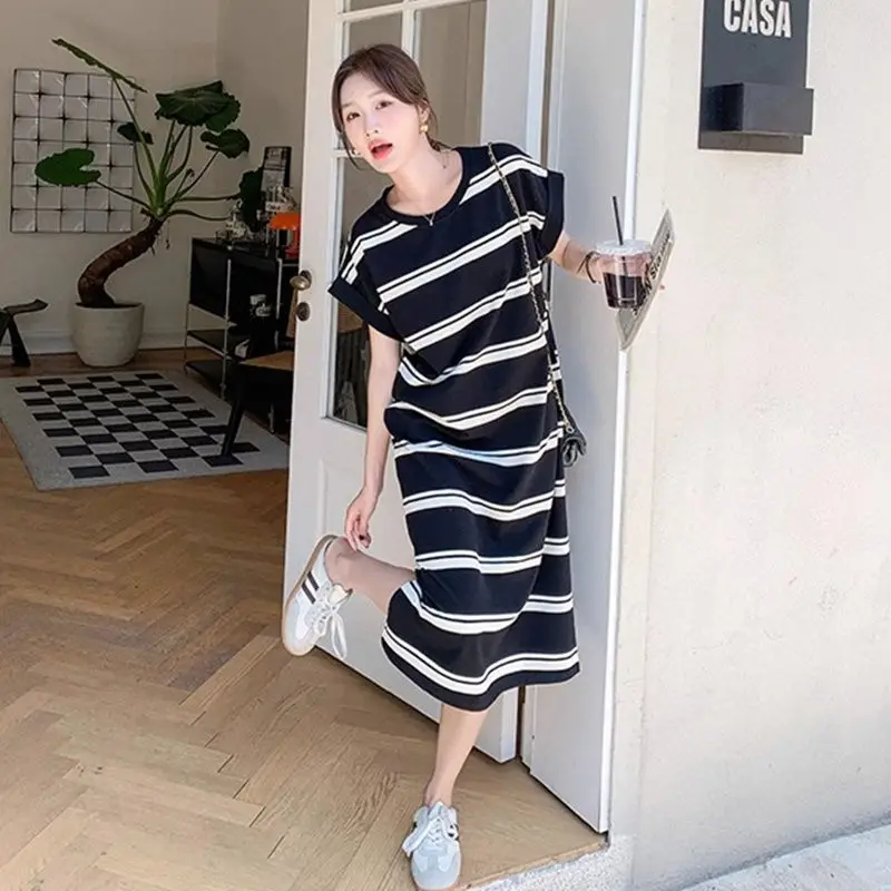 Fashion O-Neck Printed Straight Striped Casual Dresses Female Clothing 2024 Summer New Loose Young Style Short Sleeve Dress