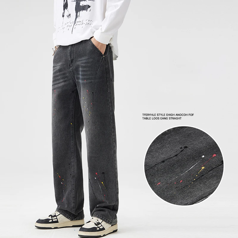 

Мужские прямые джинсы с красками в пятнах, персонализированные корейские модные мешковатые широкие брюки, уличная одежда, мужские джинсовые брюки