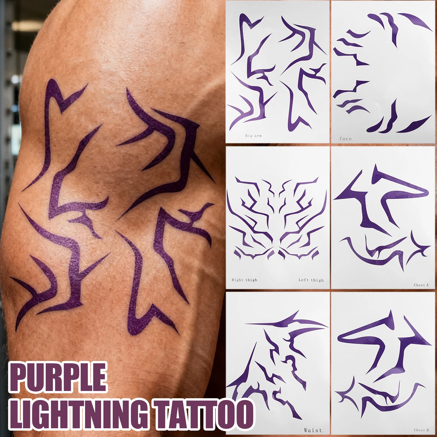 

1PCS Temporary Tattoos Purple Lightning Bold Makeup for Cosplay Role Play Waterproof Facial Art Tattoo Stickers Christmas Gifts