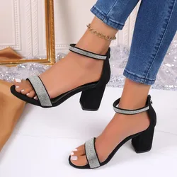 2024 Brand Ladies Shoes Cover Heel Women's Sandals Fashion Crystal Solid Office and Career New Plus Size Peep Toe Heeled Sandals