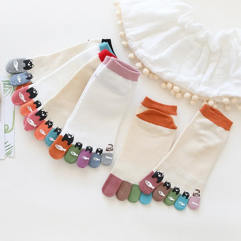 

Ladies' Socks Korean Cartoon Cute Cat Sweet Comfortable Breathable Cotton Socks For Girl Versatile Kawaii Toe Socks High-quality