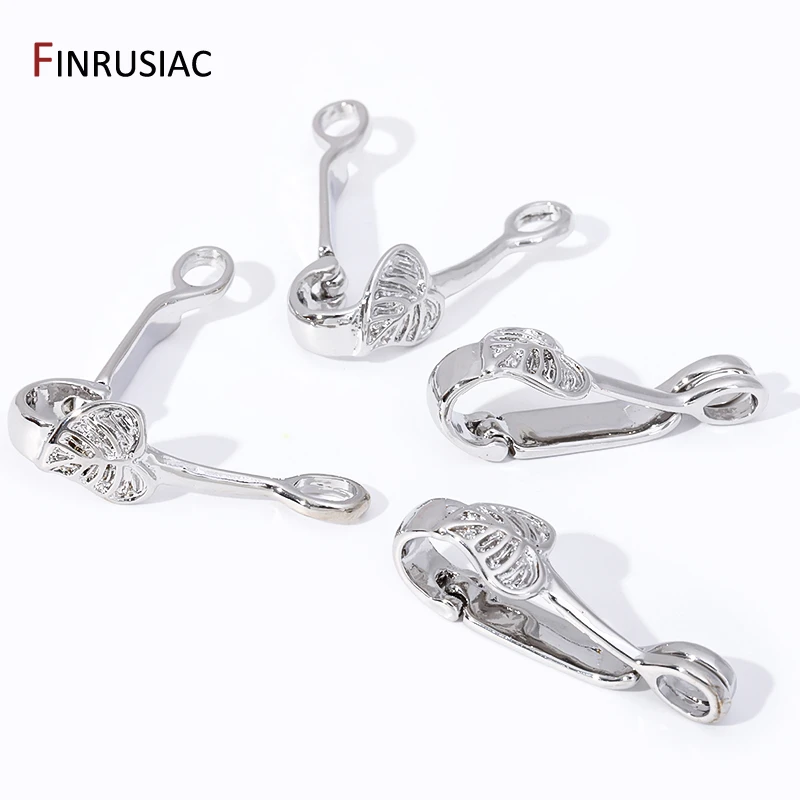 Trendy Rhodium Plated Brass Leaf Pendant Bail Connector,Floral Hinged Necklace Enhancer For DIY Necklace Making Accessories