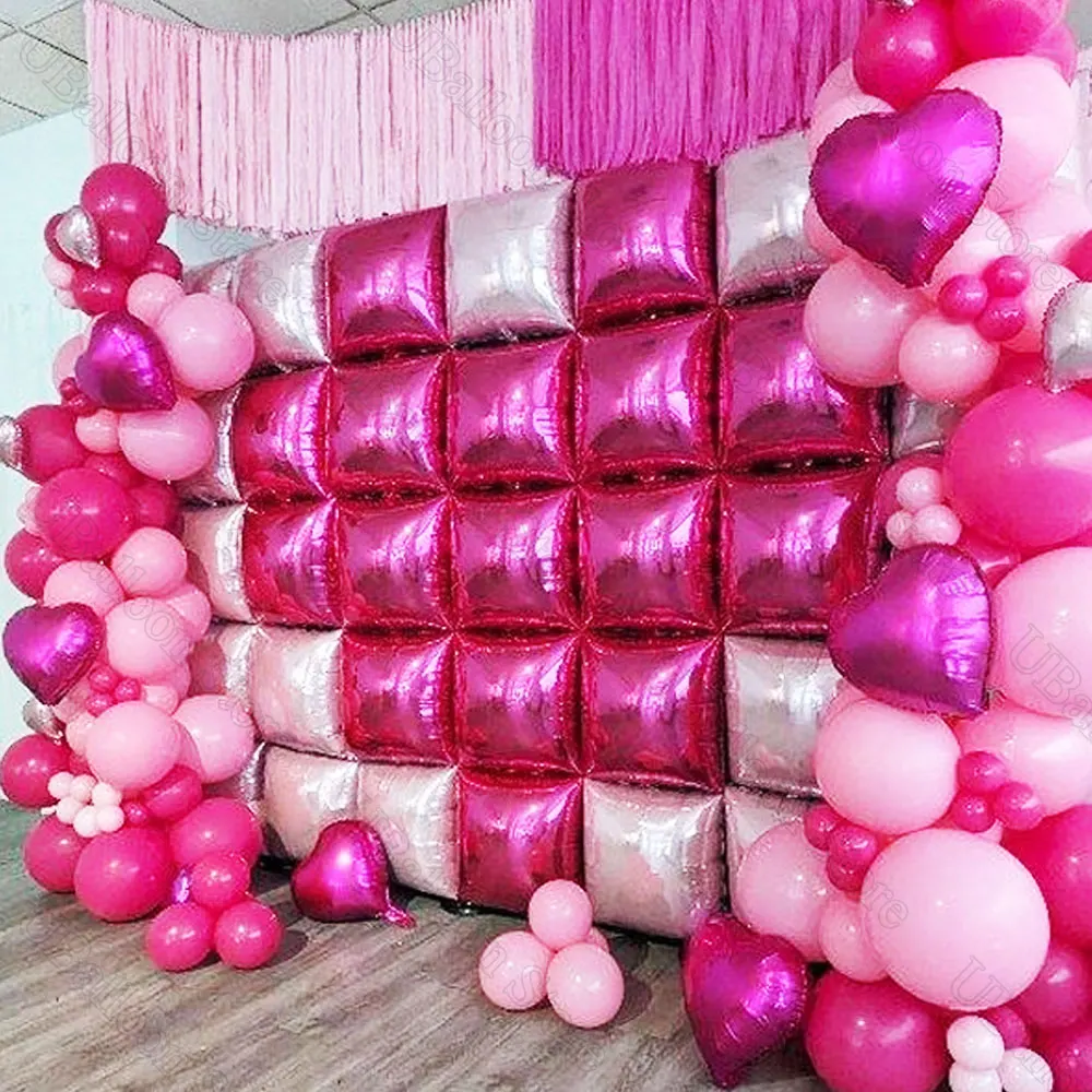 25/35Pcs Square Foil Balloons Wall Double Sided Metal Gold Hot Pink Square Balloon Backdrop for Birthday Baby Shower Wedding Dec