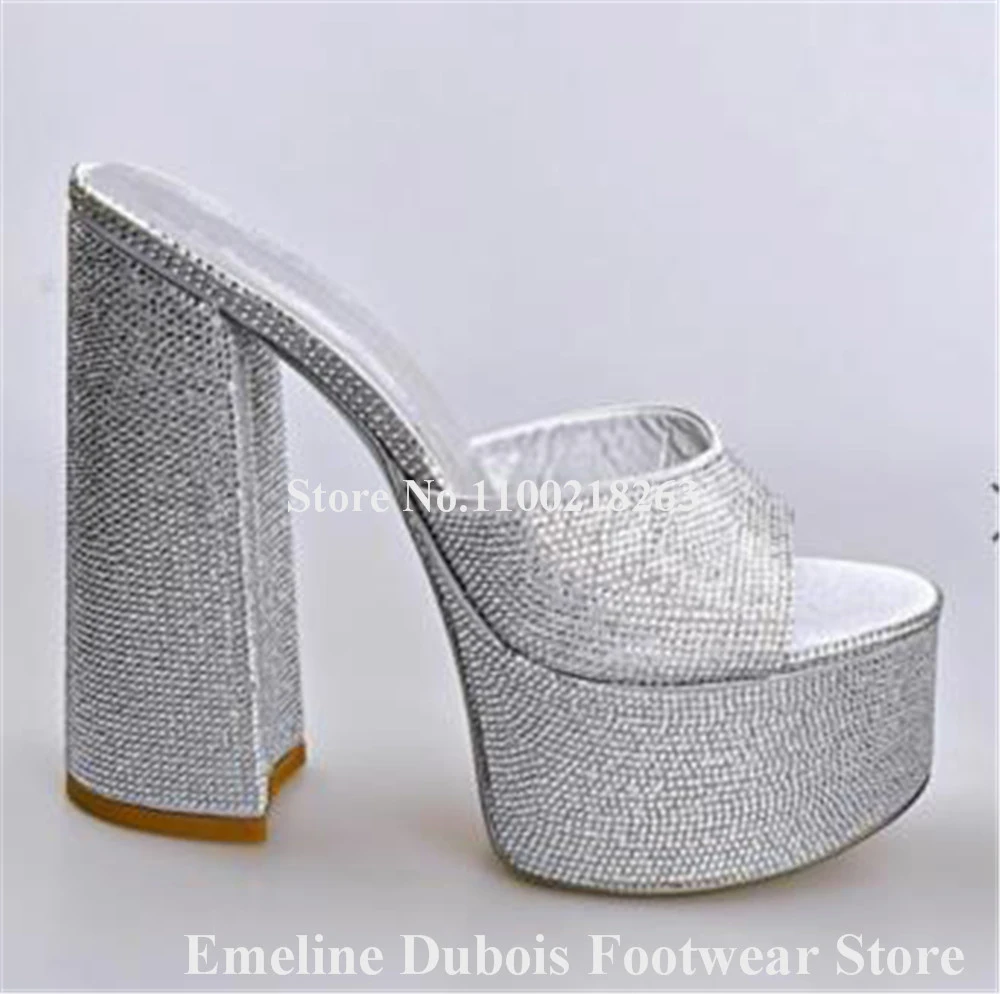 Bling Bling Silver Rhinestones Chunky Heel Slippers Emeline Dubois Peep Toe High Platform Crystals Sandals Sexy Wedding Pumps