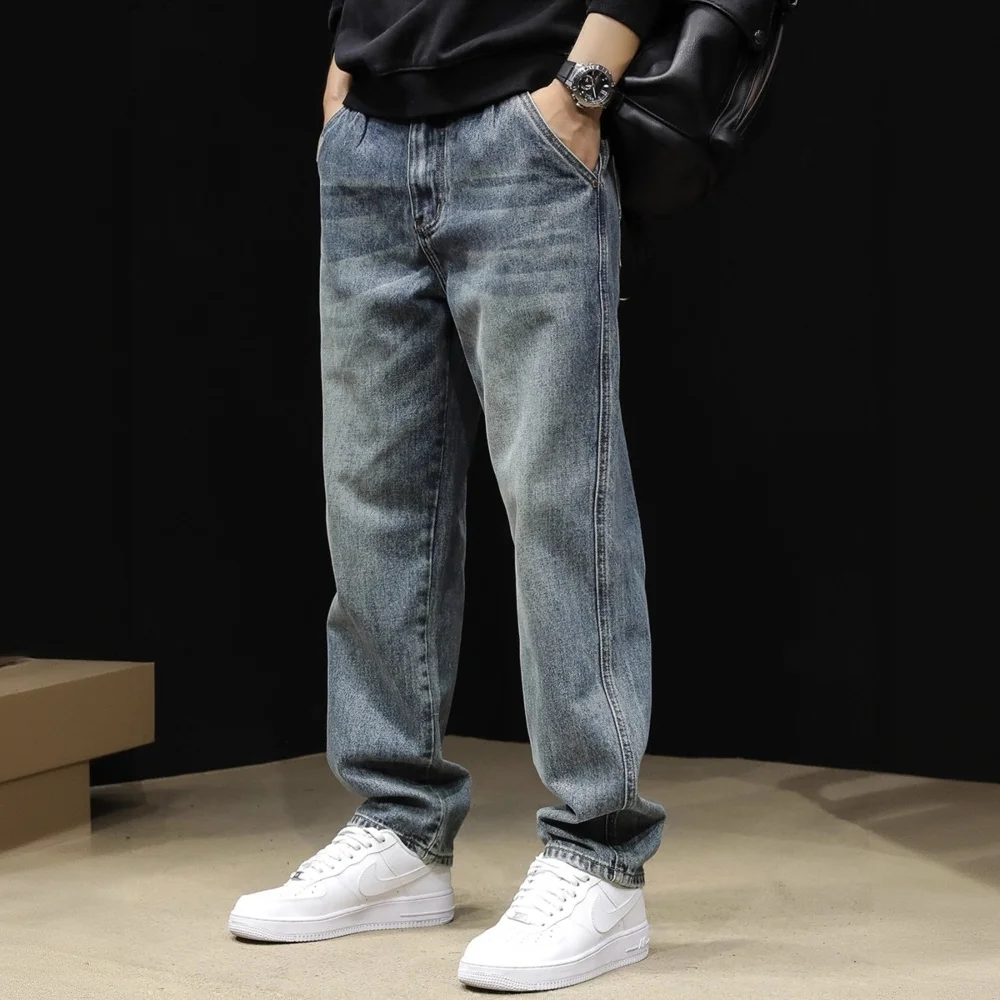 

New Spring/Autumn Fashion Solid Color American Retro Straight Leg Stretch Loose Fit Men's Casual Sports High Quality Jeans