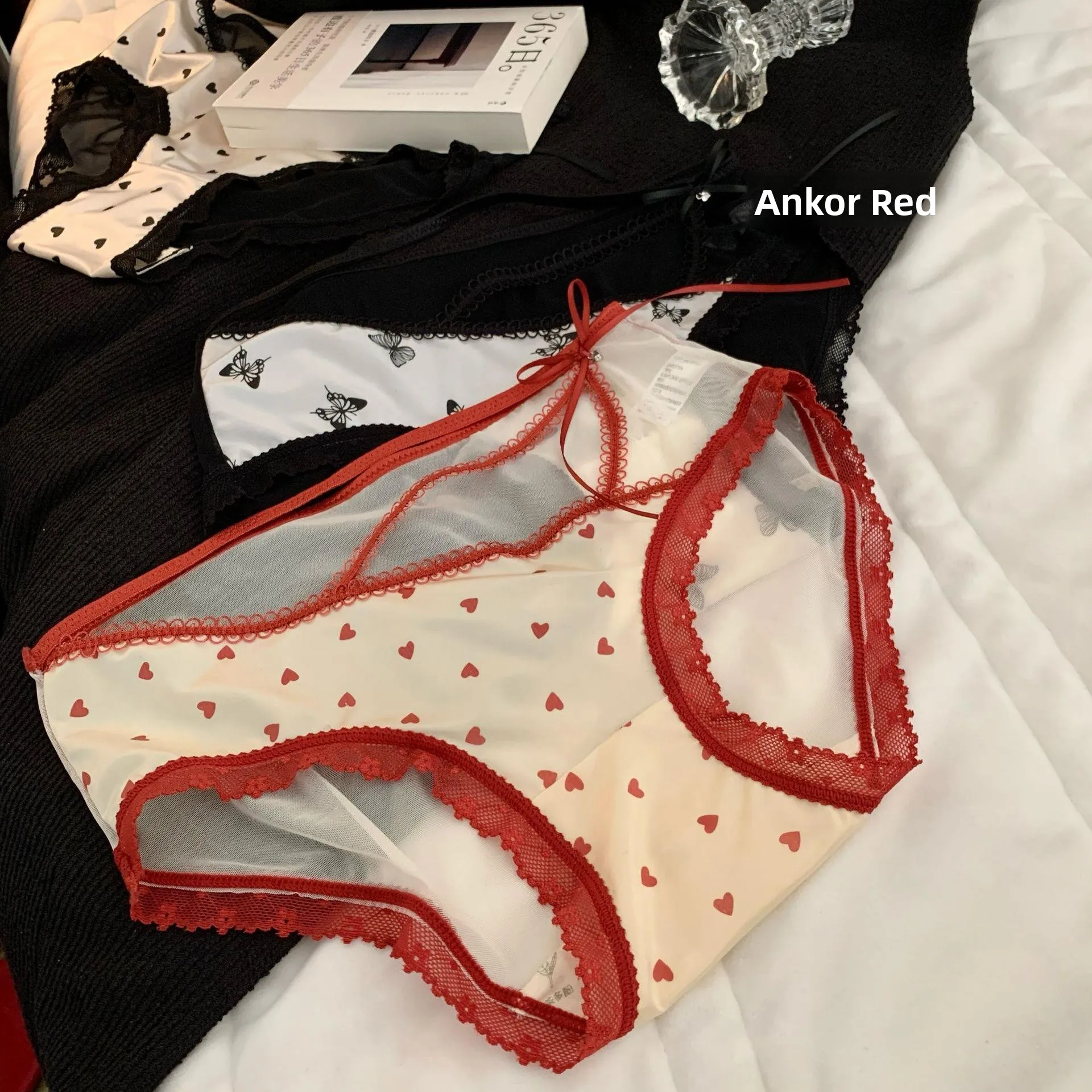 Sexy Lace Briefs Women's High Waist Extended Crotch Satin Ice Silk Quick Dry  Knot Heart Pure Desire  Underwear