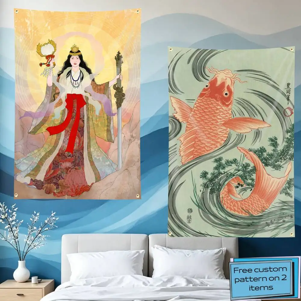 Japanese Ukiyo-style Goldfish Art  Flag Tapestry Banner for Bedroom Living Room Outdoor Camping Custom Supported