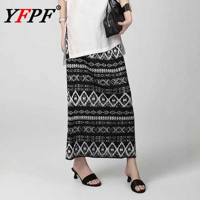 

YFPF Tassel Spliced Design Pleated Long Skirt For Women Vintage Contrast Color Print High Waist Elegant Skirts Fashion New