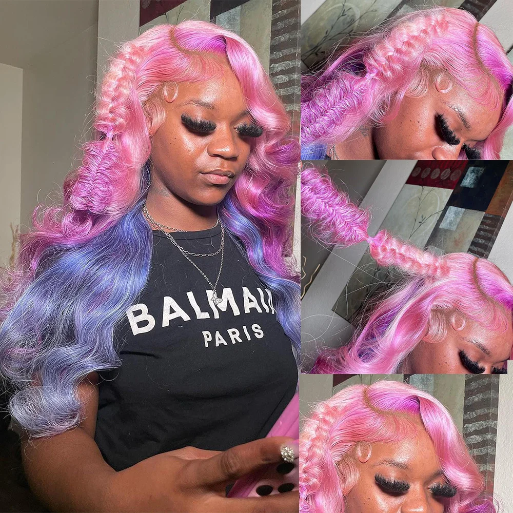 

14-34 Inch Pink Frontal Color With Purple Body Wave 13X6 Transparent Lace Frontal Human Hair Wig 180% Remy Preplucked Lace Wigs