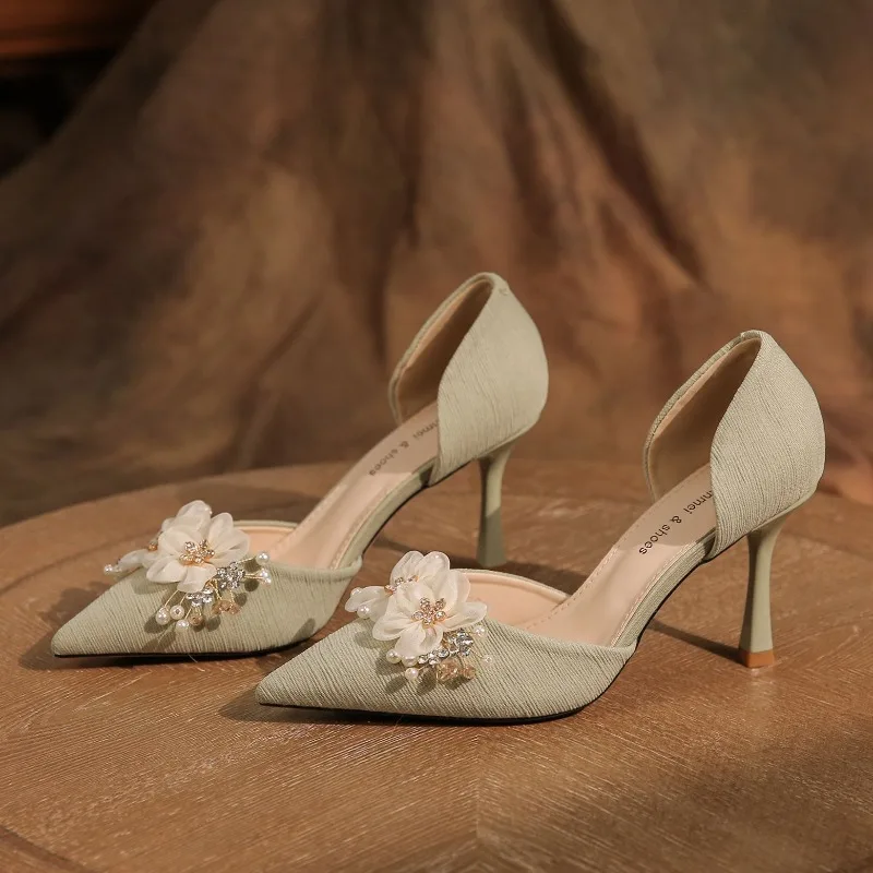 Women Pointed Toe D'Orsay Pumps Floral Rhinestone Mid Heel Elegant Wedding Bridal Party Evening Dress Shoes