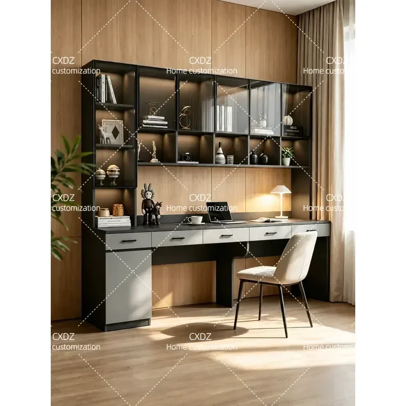 Luxury Double Computer Desk with Integrated Bookshelf and Bookcase for Bedroom Home Office Student Writing Study Table