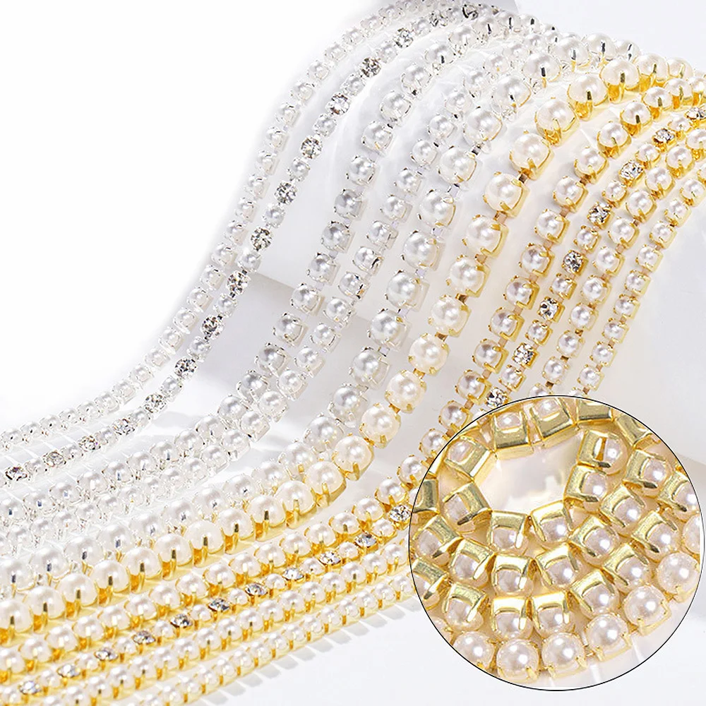 SS6-SS12 Claw Cup Pearls Chain Gold Silver Base Shiny Crystals Stones Sew On Rhinestones Pearls Chain Garment Decoration Chain