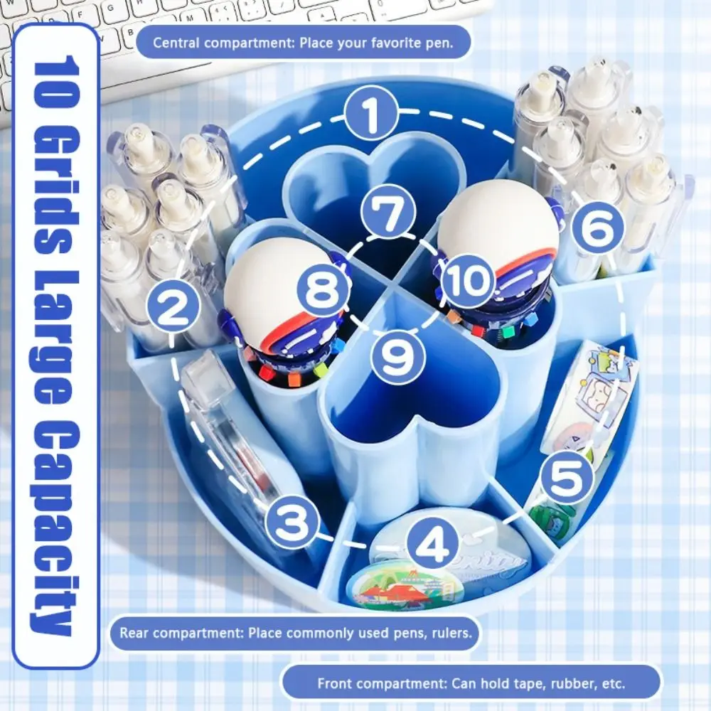 Cartoon Plastic Pen Holder 7/10 Grids Large Capacity Pen Container 360° Rotation Stationery Storage Box School Office