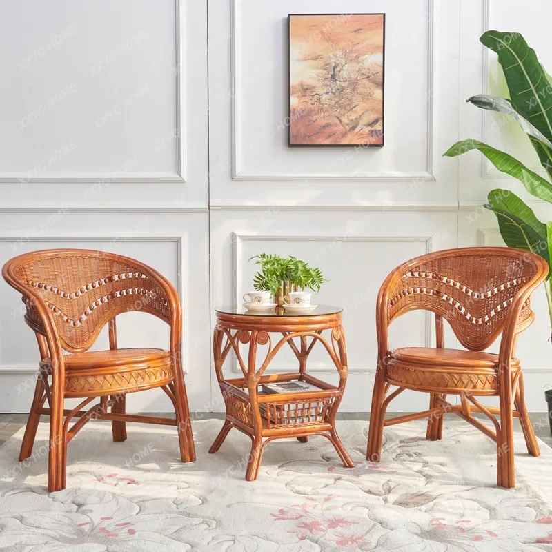 HHhot Sale Rattan Chair Single Backrest Bamboo Chair Living Room Bamboo Woven Natural Rattan Coffee Table