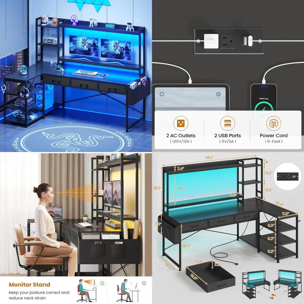 مكتب ألعاب على شكل حرف L مع مساحة تخزين، مكتب كمبيوتر 55 زاوية يتميز بقفص وأدراج، تكوين على شكل حرف L قابل للعكس #1