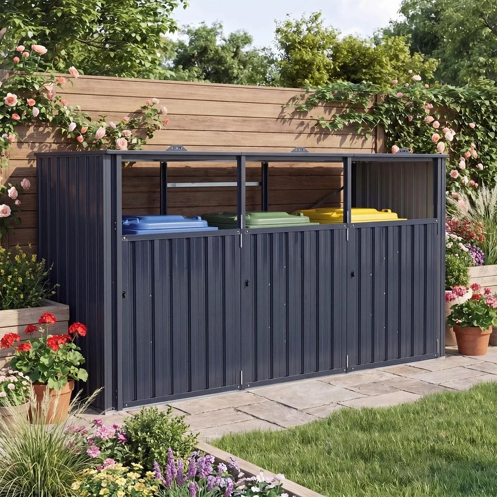 7.8 x 2.6 FT 3 Bin Metal Outdoor Trash Can Storage Shed