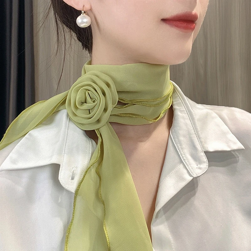 Fashion Rose Flower Silk Scarf Versatile Soft Neckerchief For Women Girls Temperament Long Ribbon Tie Scarf Office Clothes Gifts