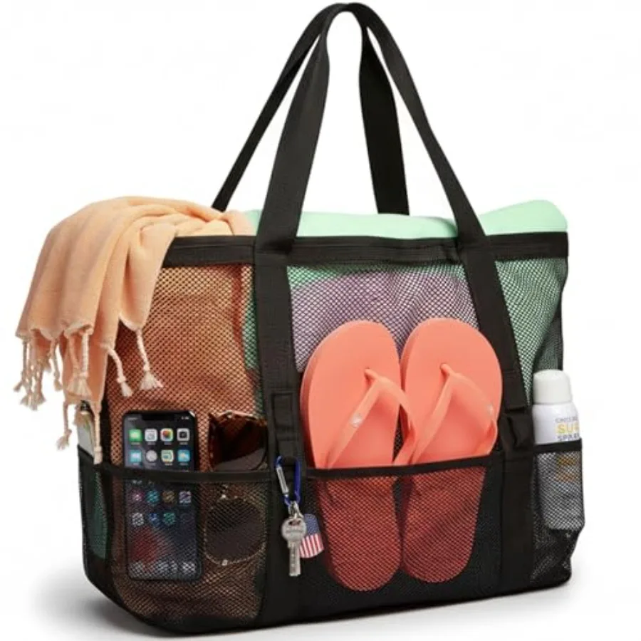 F-color Mesh Beach Bag Family - Large Travel Tote Bag for Beach Pool Cruise 9 Pockets, Quick Dry, with Zipper Pocket, Portable