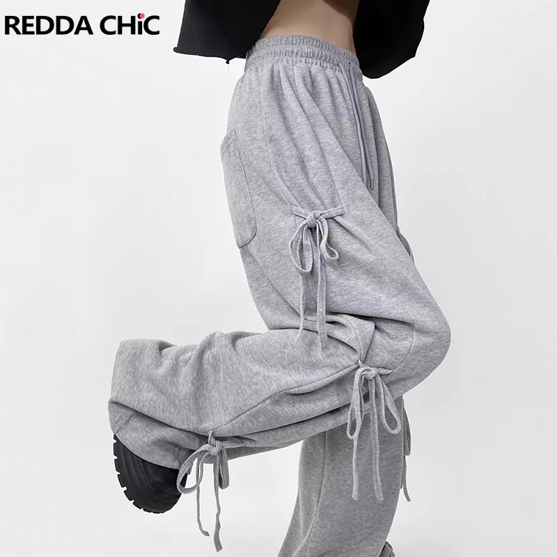 ReddaChic Vintage Gray Bandage Casual Pants Women Solid Drawstring Elastic Waist Loose Wide Leg Sweatpants Dancer Hiphop Clothes