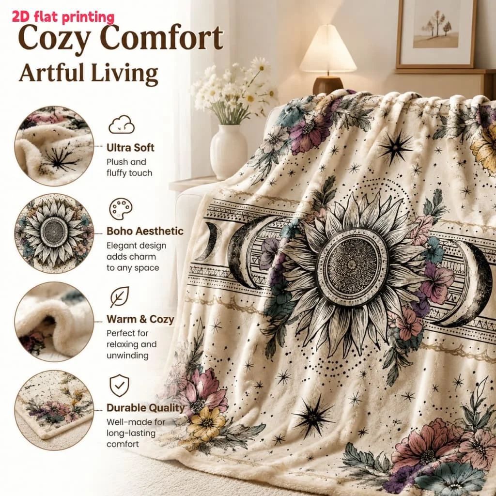 Luxurious Boho Floral Botanical Sun Print Throw Blanket Cozy Decorative Fleece Throw for Sofa Bed Boho Home Decor Gifts