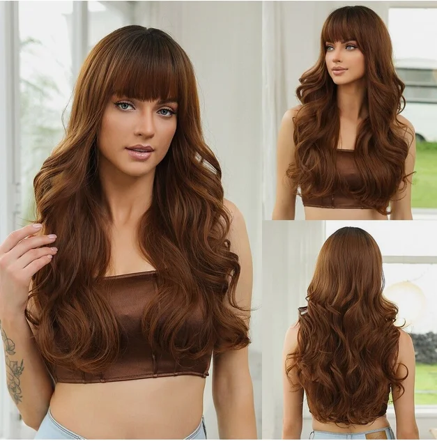 Full bangs gradient brown long curly hair big waves fashionable full head wig