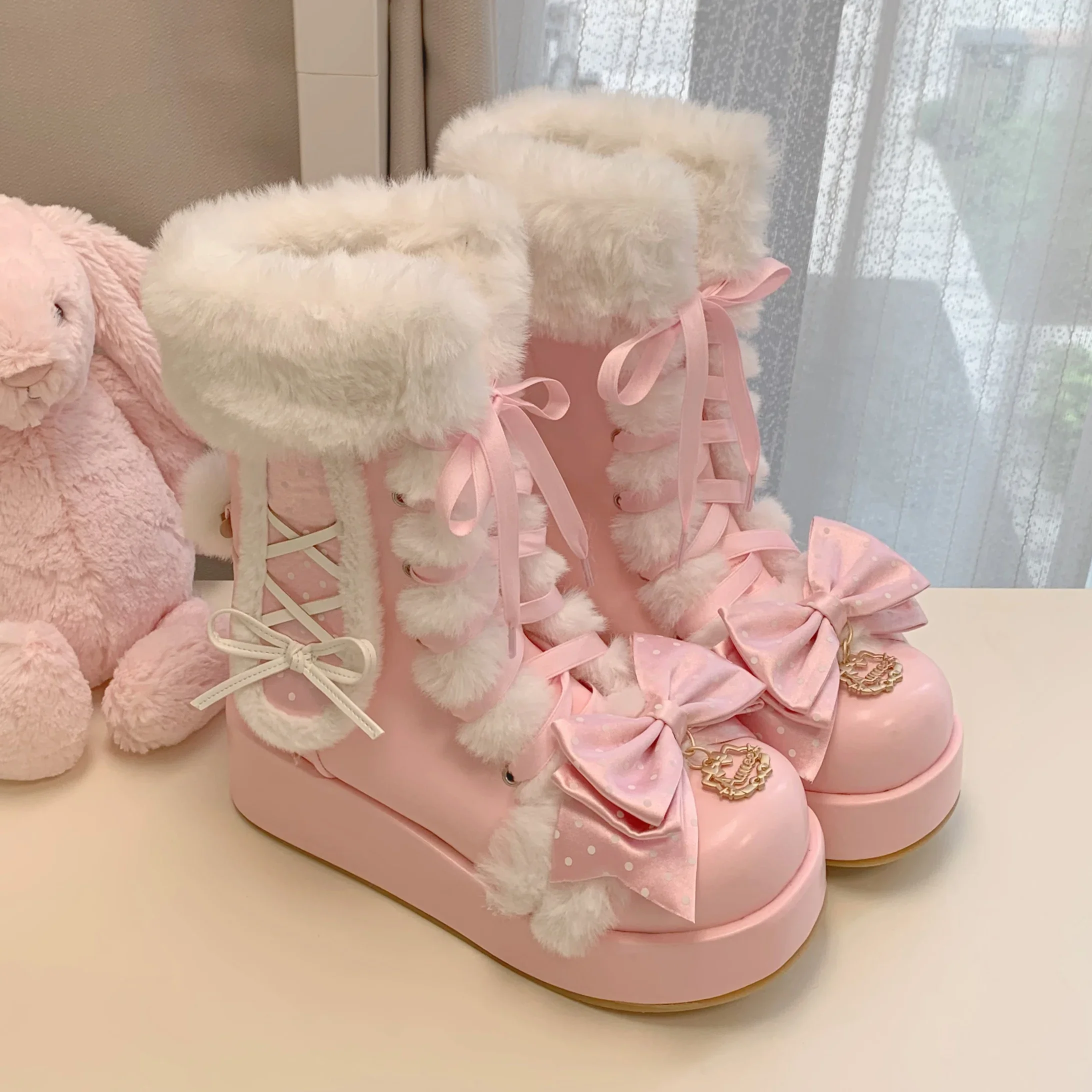 Japanese Cute Girl Round Head Plush Thick Boots Cute Sweet Girl Lolita Winter Boots