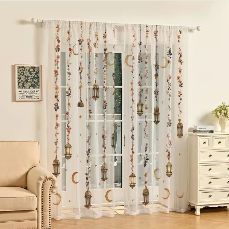 2PCS Digital Print Sheer Curtains, Flower Vine Chandelier Lamp, Romantic Floral Elegant for Bedroom Living Room Home Decor