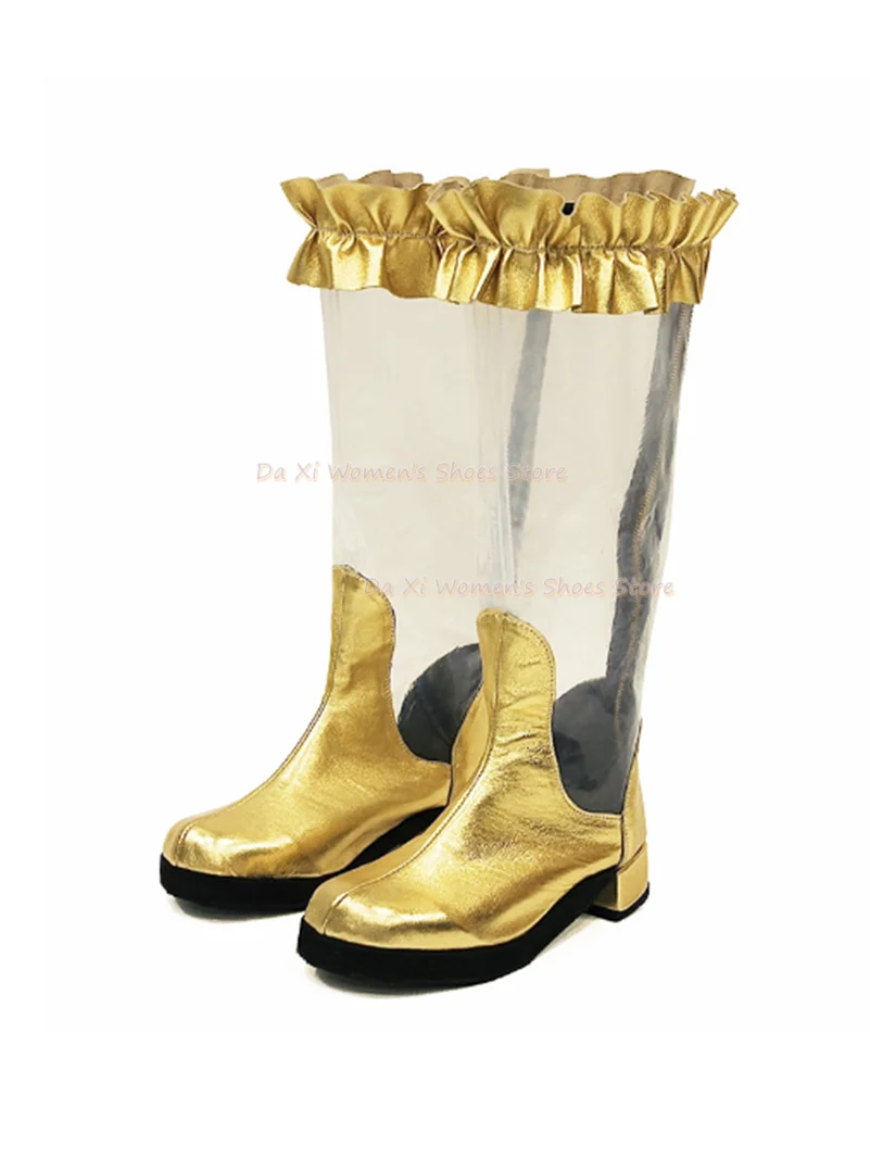 Transparent  Metallic Gold Ruffle Trim, Square Toe Block Low Heel, Cosplay Stage Women Boots Women's luxurious Winter Boots