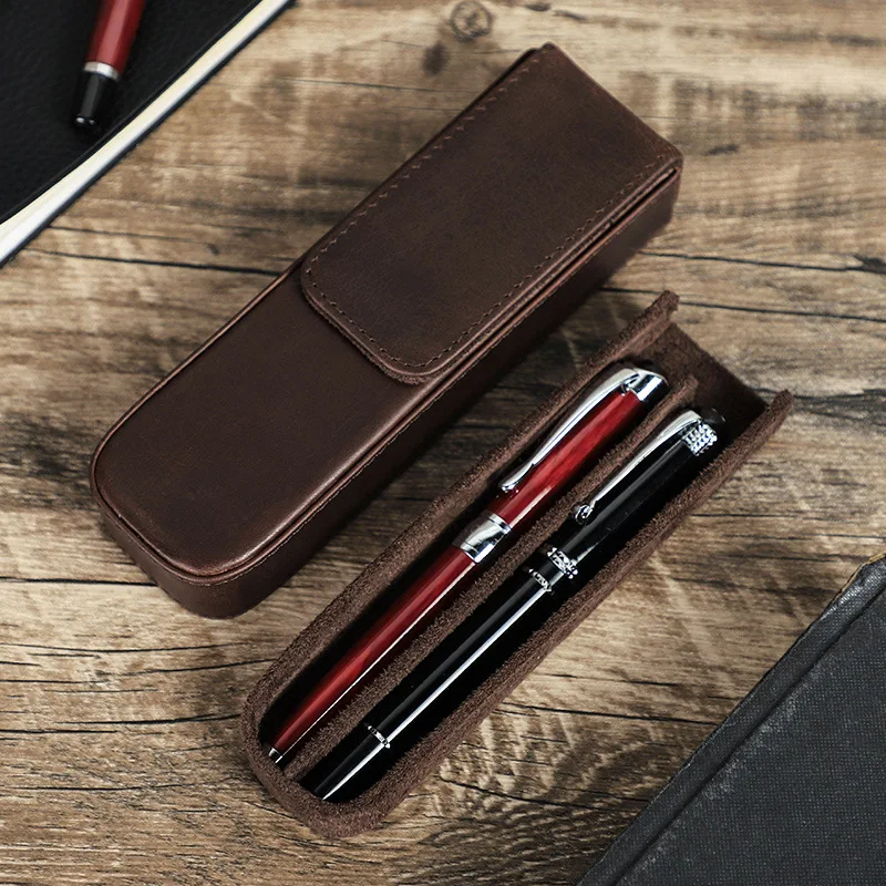 2 Pen Case Detachable Portable Handmade Green Pen Box Shockproof Men Coffee Leather Stationery Cover Holder