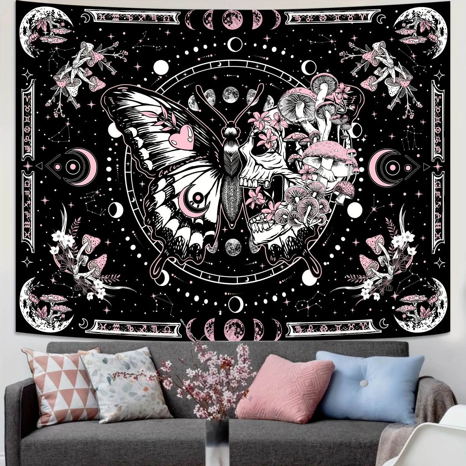 VIKAMA Dark Sweet Cool Butterfly Skull Moon Phase Tapestry Wall Art for Bedroom Living Room Decoration Black Pink Astrology