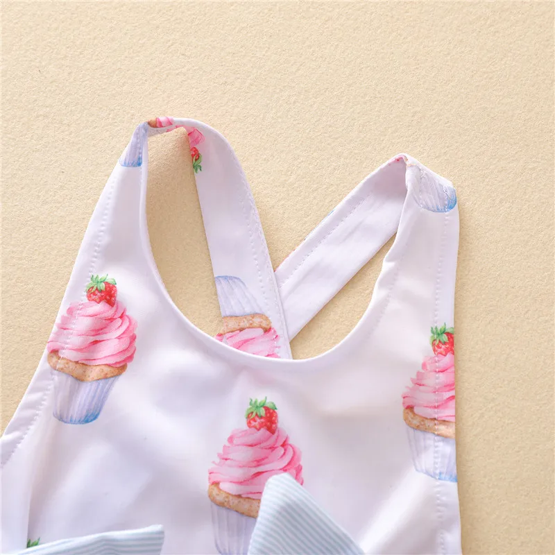 Bañador con volantes a la moda para niña, traje de baño con estampado de pastel con lazo bonito, traje de baño con tirantes sin espalda