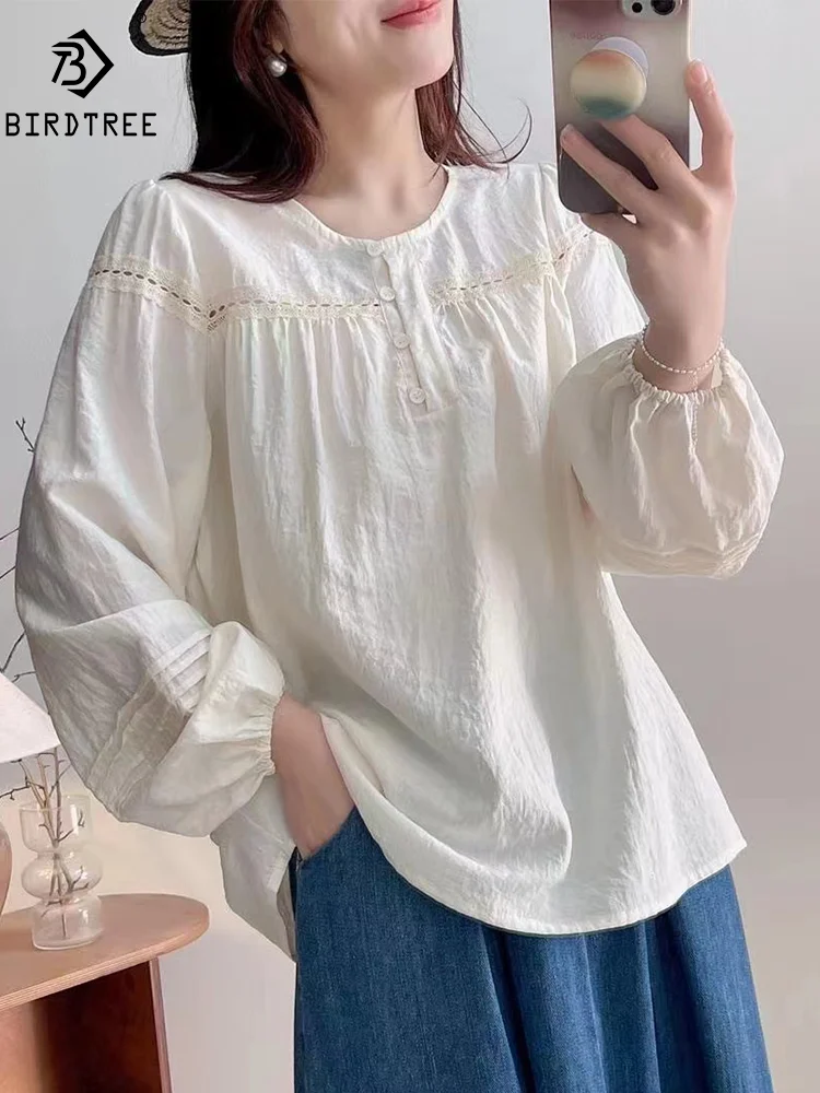 

New Spring Cotton Long Sleeve Shirt Women Embroidery O Neck Top Girl Loose Sweet Chic Casual Blouse 2024 Summer T45950QM