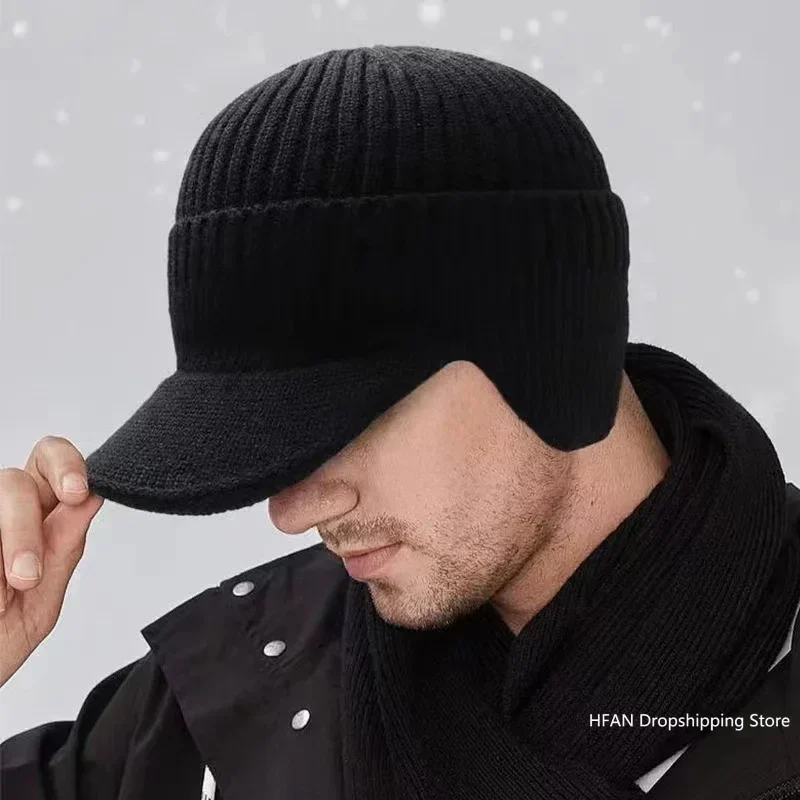 Men Winter Knitted Hat Outdoor Cycling Ear Protection Warmth Peaked Cap Casual Fashion Sunhat Bomber Hats