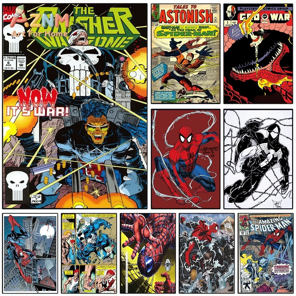 Retro Punisher Spider‑Man Comic Cover Canvas Wall Art Vintage Superhero Print Poster, Unframed Canvas Painting for Boys Bedroo