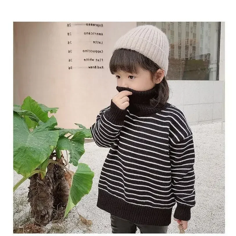 

2023 Han Jia Rong Children's Sweater Striped High Collar Autumn/Winter Boys and Girls' Thick Winter Clothing Baby Bottom Knit