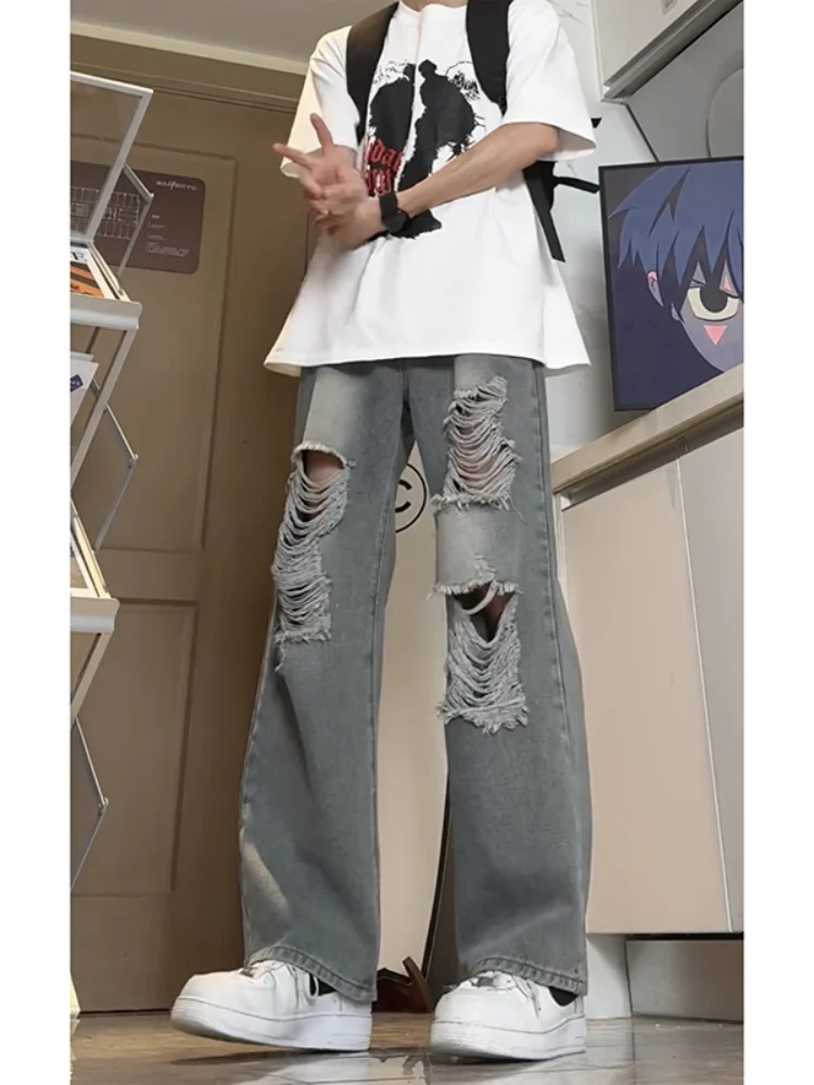 

Мужские джинсы Waed Distred Wide Leg в американском стиле High Street, свободные, прямого кроя, летние, тонкие, для повседневной носки
