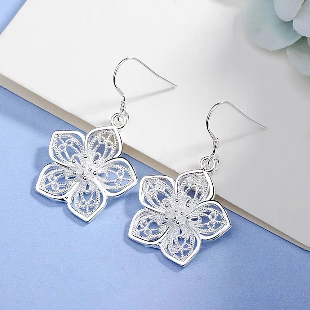 Hot High Quality Retro Pretty Flowers 925 Sterling Silver Earrings For Women Fashion Luxury Party Wedding Jewelry Fine Gifts