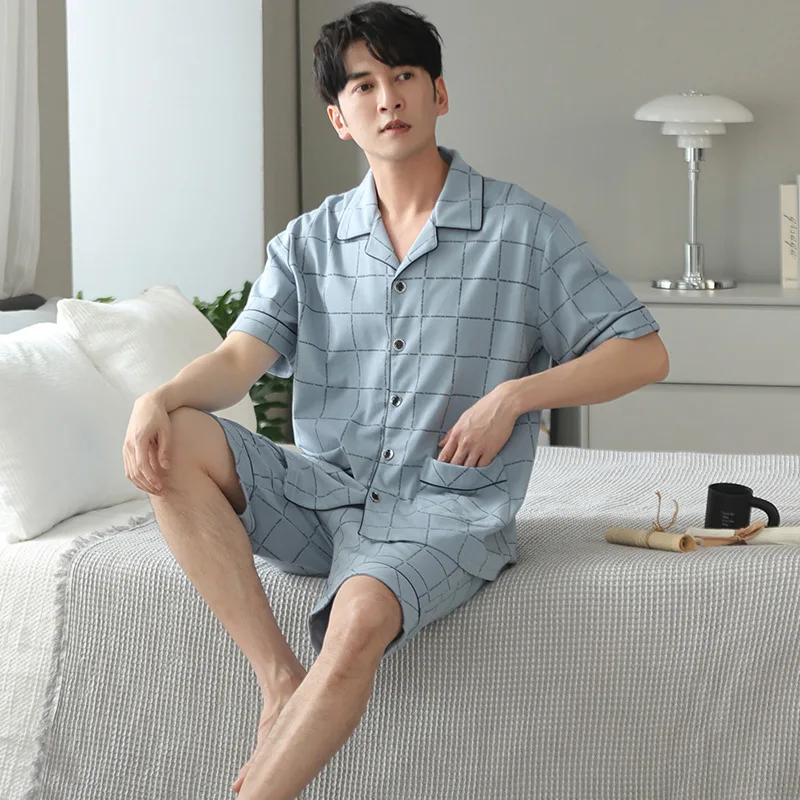 M-4XL Plus Size High Quality Men Pyjamas Summer Thin Short Sleeved Pure Cotton Sleepwear Set Teenagers Home Clothes Male Pajamas