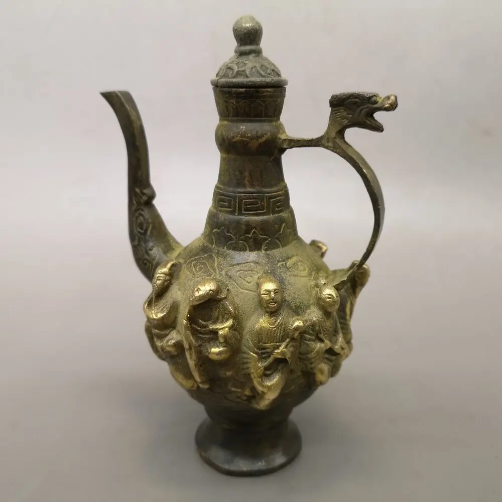 Old Decorated Handwork Copper gilt Carven 8 Immortal Dragon Noble Tea Pot Flagon