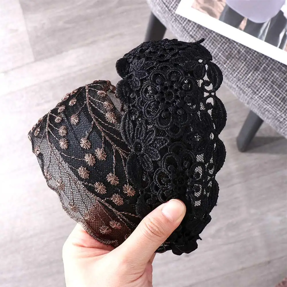 Diademas ajustables de seda coreana antideslizantes con estampado Floral bordado, aro para la cabeza de encaje, diadema ancha, accesorios para el cabello