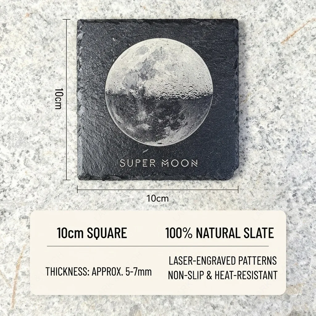 Natural Slate Moon Coasters Laser Engraved Celestial Supermoon Stone Drink Coaster Set for Coffee Cup Heat Resistant Home Decor