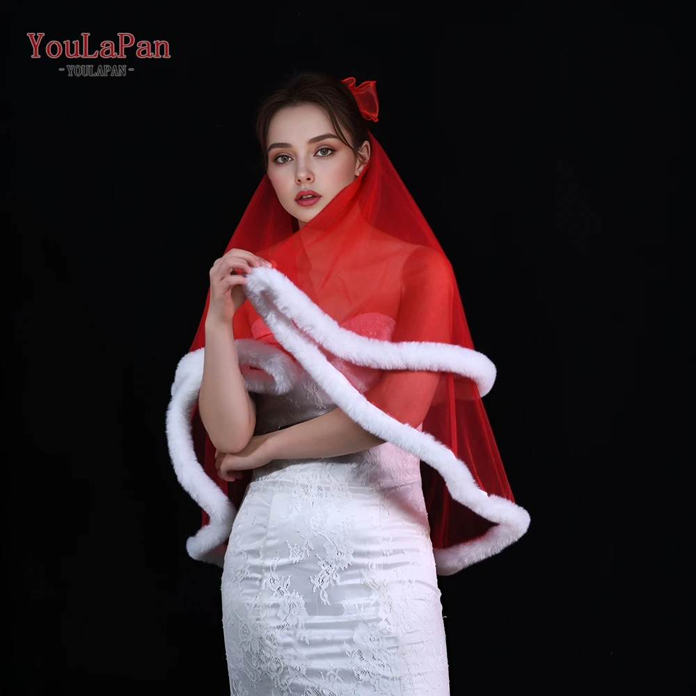 YouLaPan V257 A Red Festive Holiday Party Hair Accessories Wedding Bridal Veil Latest Design Soft Fur Edge with Hair Comb