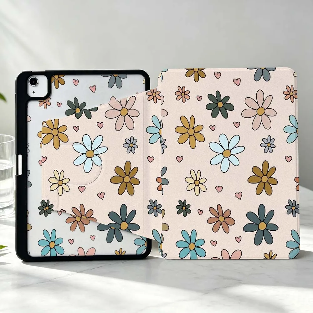 Artistic Flowers Hearts For iPad Pro Air mini 6 5 4 12th M5 M4 M3 M2 A16 A17Pro 360° Rotation Stylus Storage Tablet Case